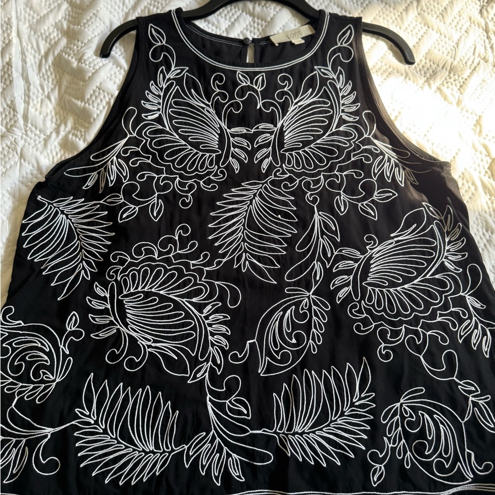 LOFT Black Top with White Embroidery